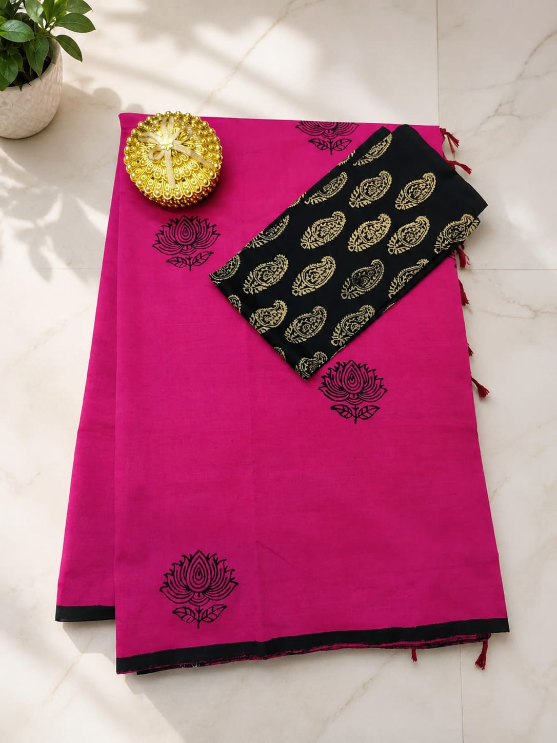 South Cotton Mix Block Printed Saree with Blouse