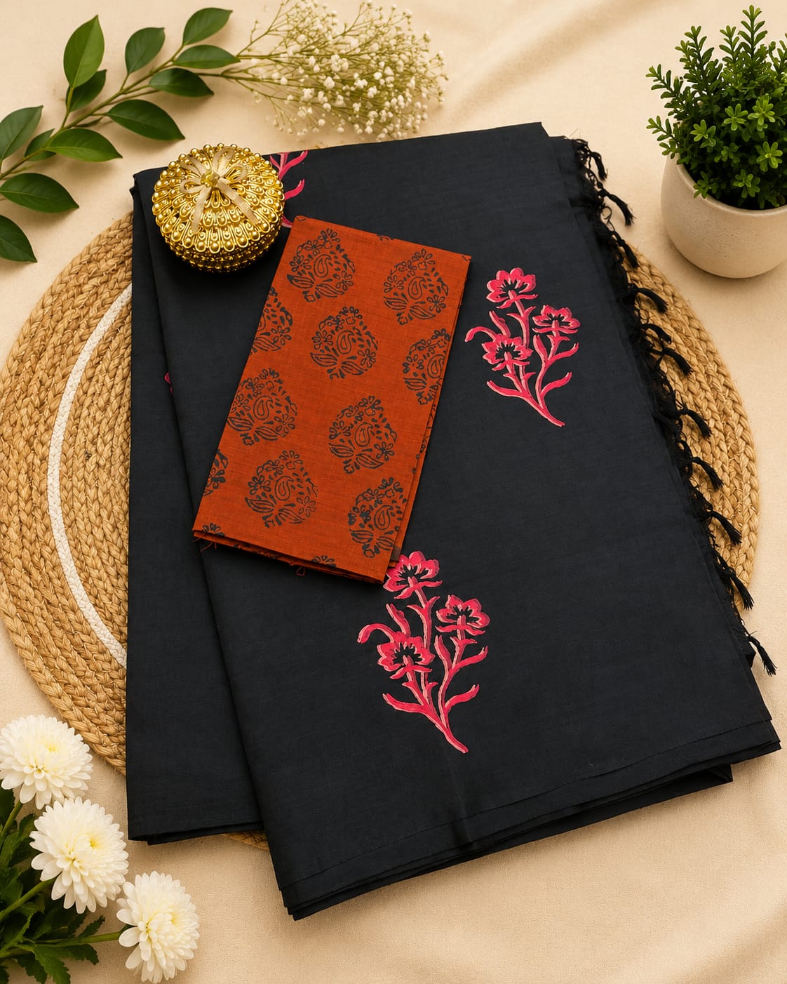 South Cotton Mix Block Printed Saree with Blouse