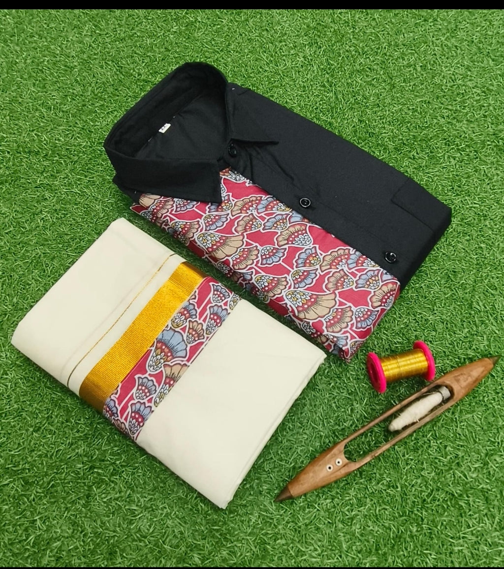 Premium Kerala Kasavu Mundu & Shirt Combo Set